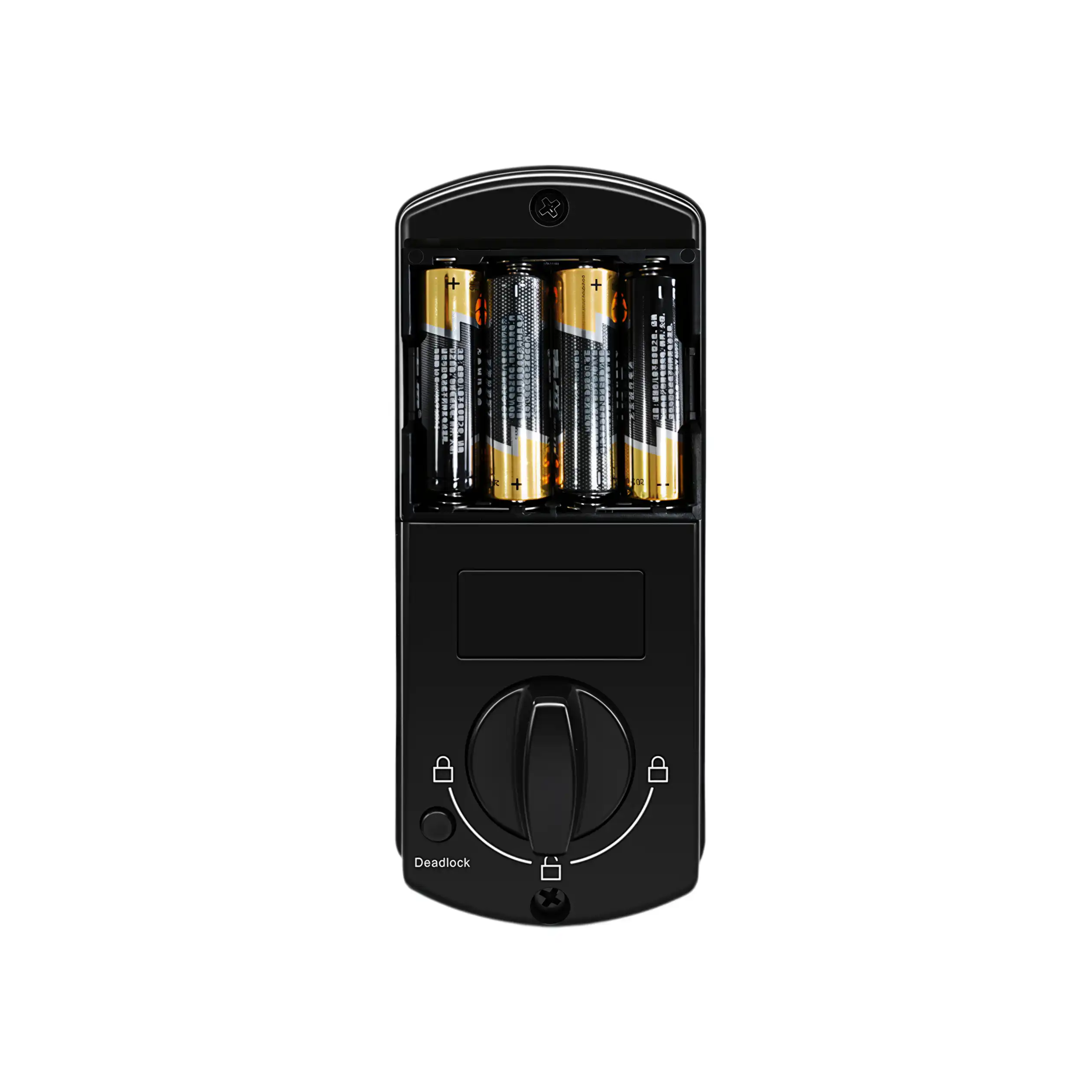 Interior panel view of YD-A053WF smart lock with battery cover removed to show battery compartment above manual thumbturn knob