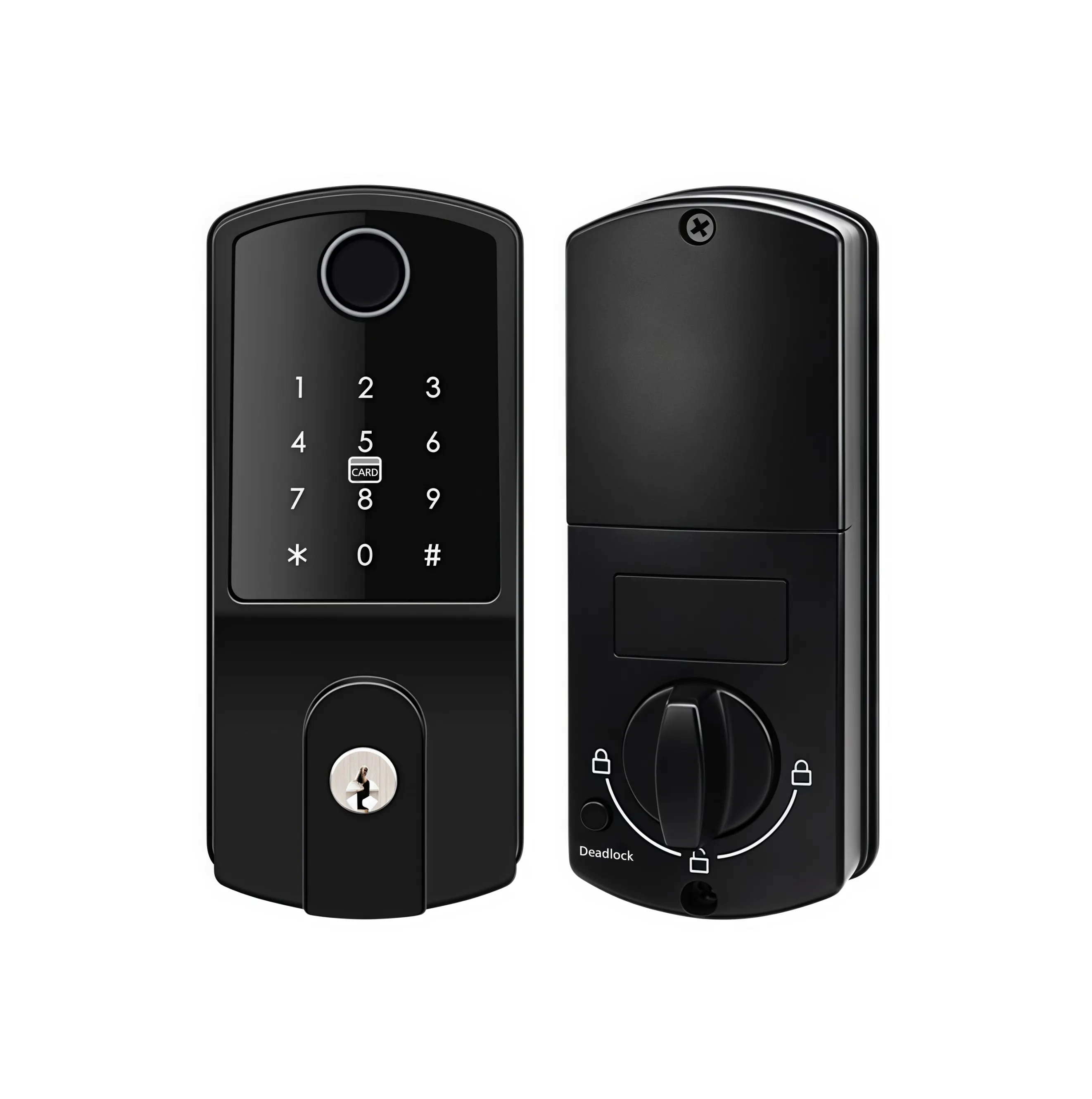 YD-A053WF keyless biometric smart lock outer keypad panel with RFID card symbol and inner handle assembly on clean white background