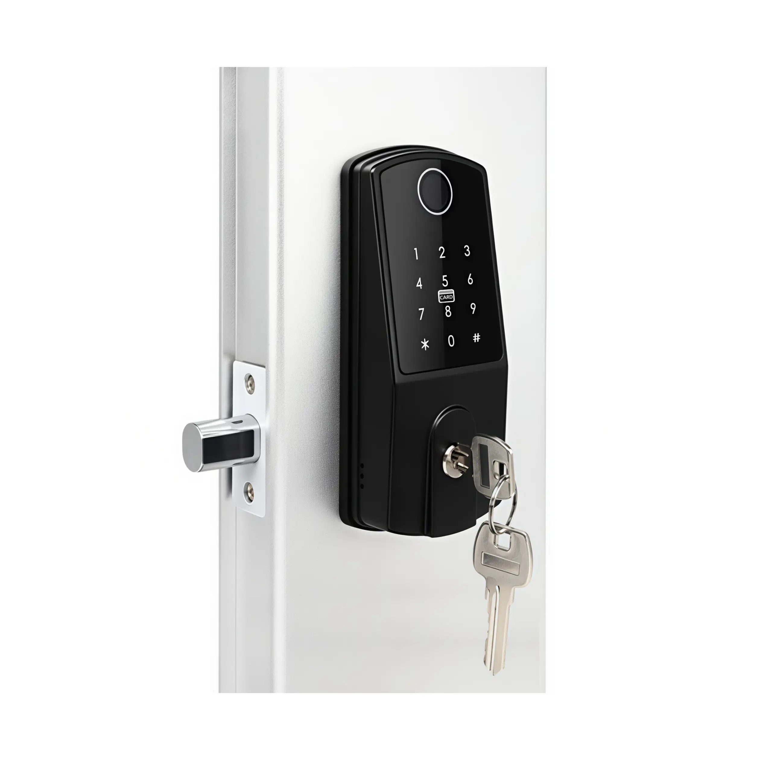 Exterior installation view of YD-A053WF smart door lock featuring biometric fingerprint scanner, backlit touch keypad, and emergency mechanical key inserted in keyhole