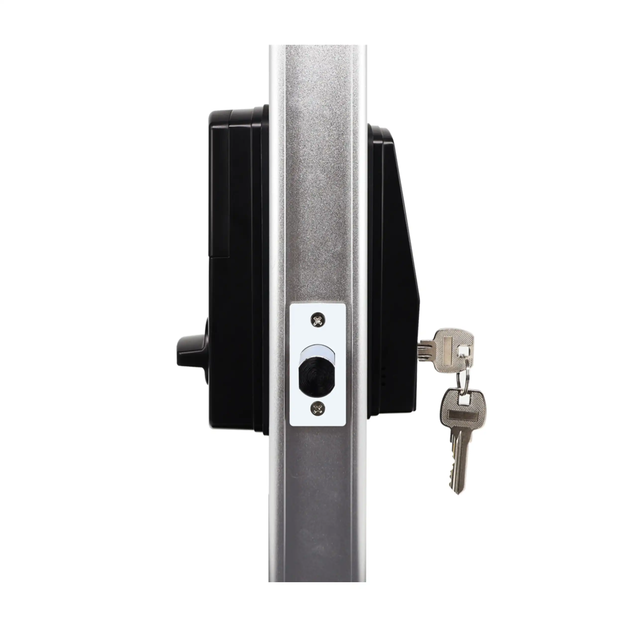 Side profile view of YD-A053WF smart access lock installed on standard 35-50mm thick door showing interior turn knob, exterior panel, and mechanical key inserted
